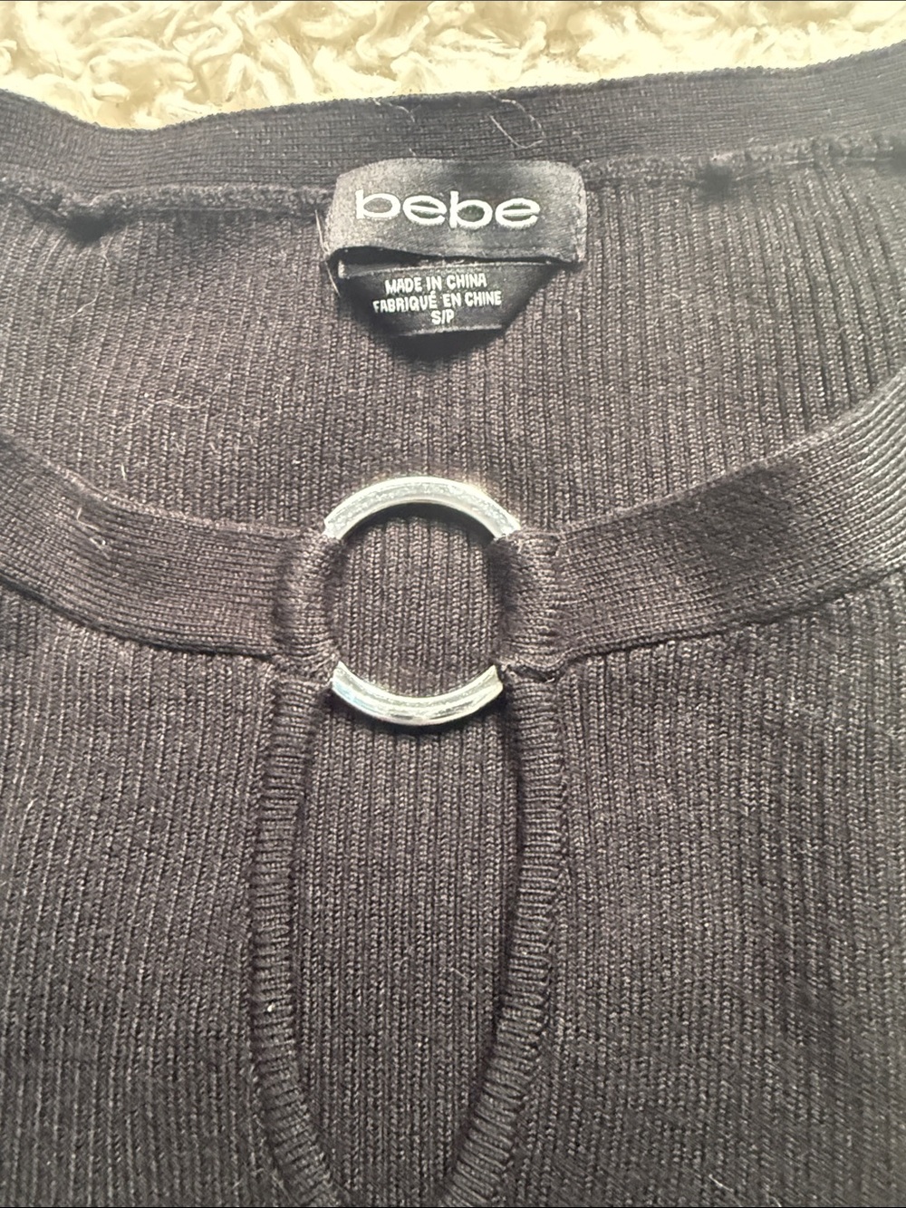 bebe Black Ribbed Rhinestone Logo Keyhole Sweater - Picture 3 of 5